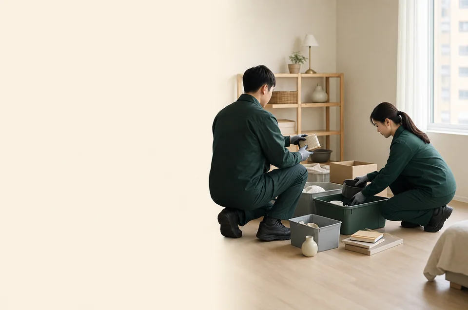 현장에서 물품과 폐기물을 종류별로 분류하는 작업자