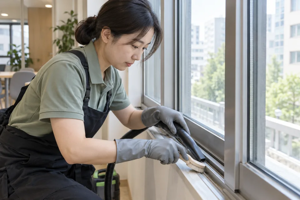 창틀 레일에 쌓인 먼지를 솔과 청소기로 제거하는 작업 · AI 설명 이미지